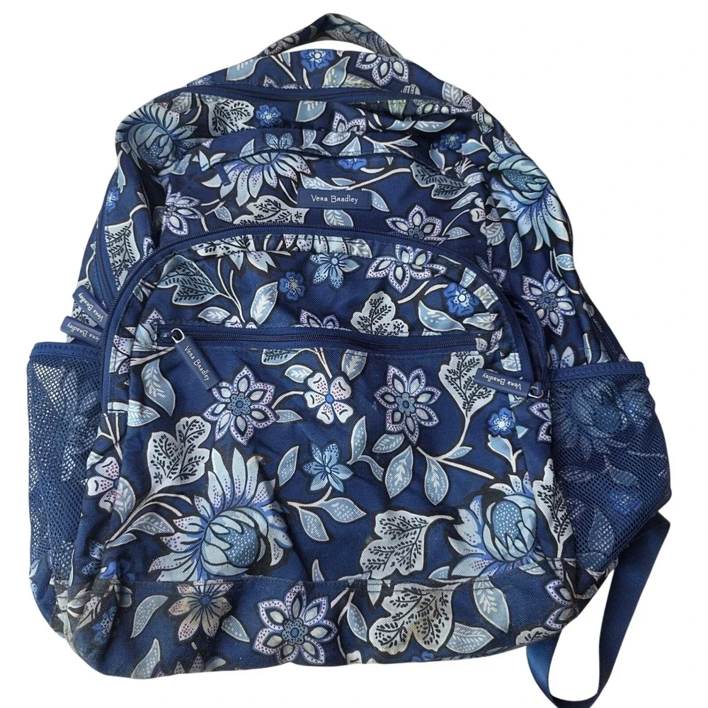 Vera Bradley Blue Floral‎ Canvas Backpack Multi Pocket School Travel Bag P4